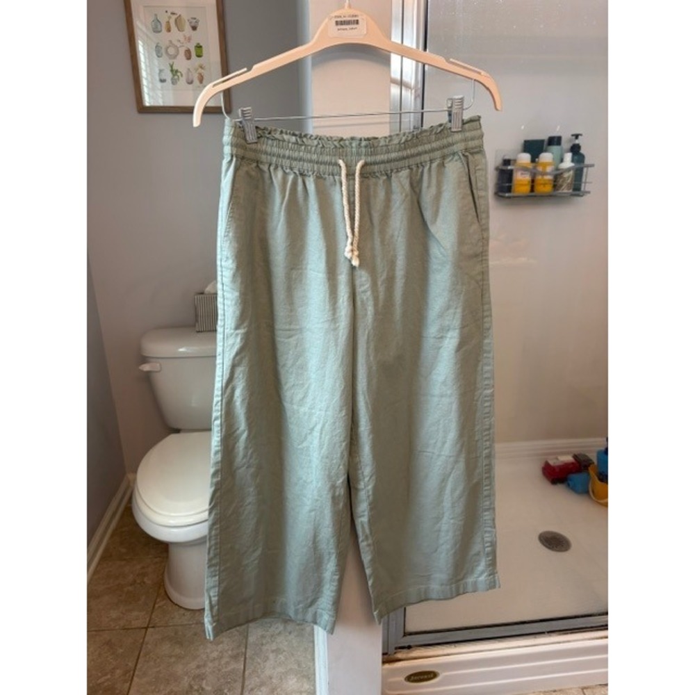 J.Crew Women's Size 12 Sage Green Pull On Wide Leg Cropped Pants Drawstring